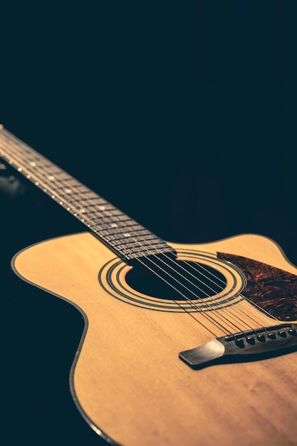 Musical background with acoustic guitar close up