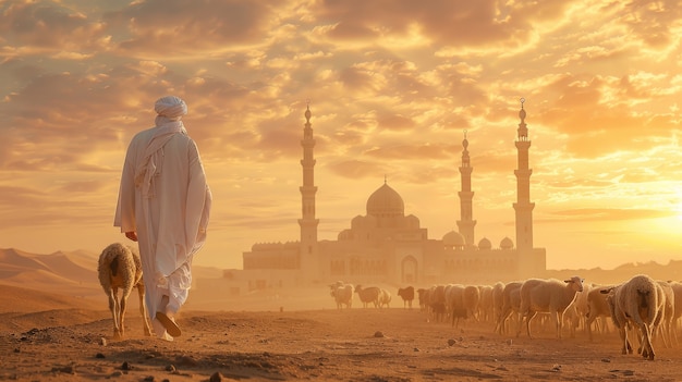 Free Photo muslim people with photorealistic animals prepared for the eid al-adha offering