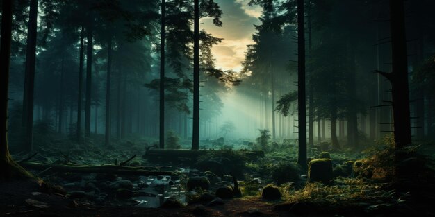 Free Photo mysterious dark forest with fog and sunbeams