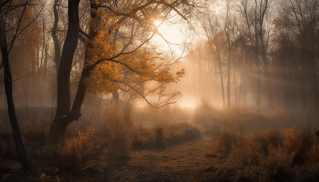 Mysterious fog drifts through autumn forest scenery generated by AI