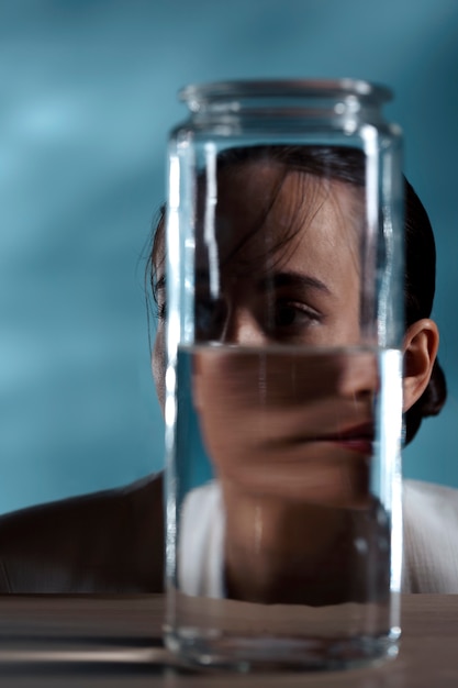 Free Photo mysterious woman posing behind jar front view