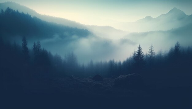 Mystery fog shrouds tranquil scene of wilderness adventure generated by AI