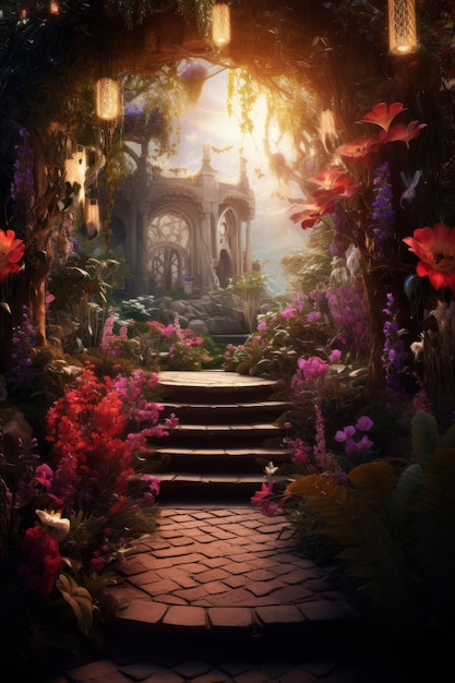 Free photo mythical video game inspired landscape with flowers and architecture