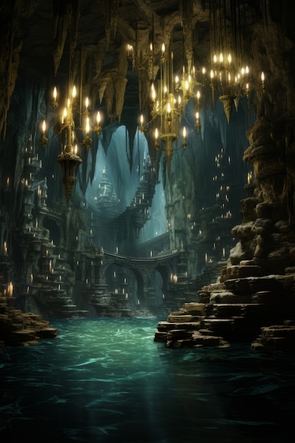 Free Photo mythical video game inspired landscape with underground lake