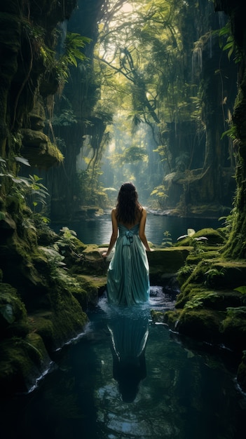 Mythical video game inspired landscape with woman in nature