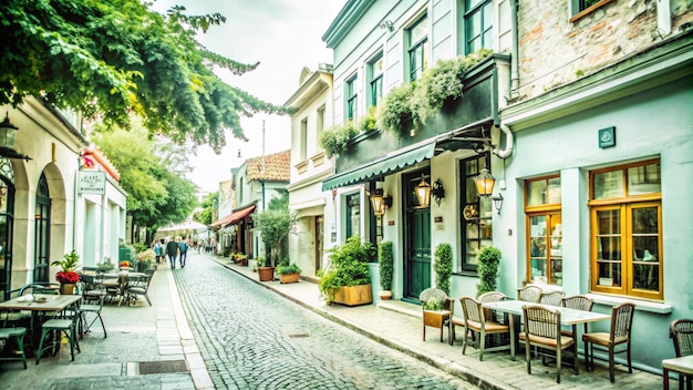 Free Photo narrow cobblestone street lined with historic buildings cafe tables and lush greenery