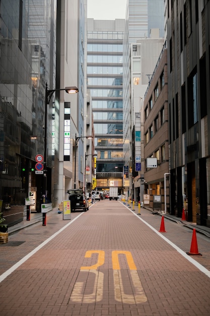 Narrow street and tall buildings