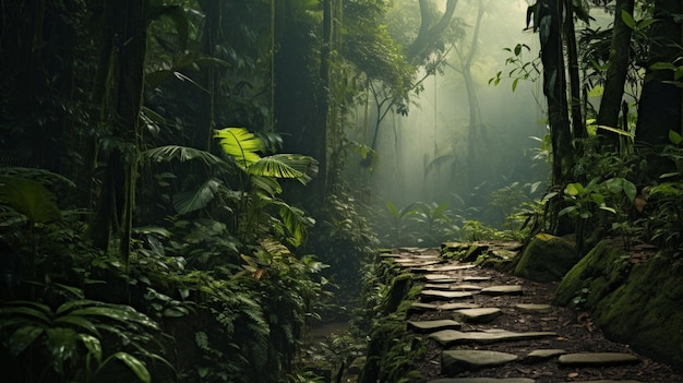 Free photo a narrow winding path through the jungle shrouded in mist with the promise of undiscovered wonders a