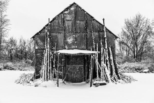 Native American Long House covered in snow in the winter