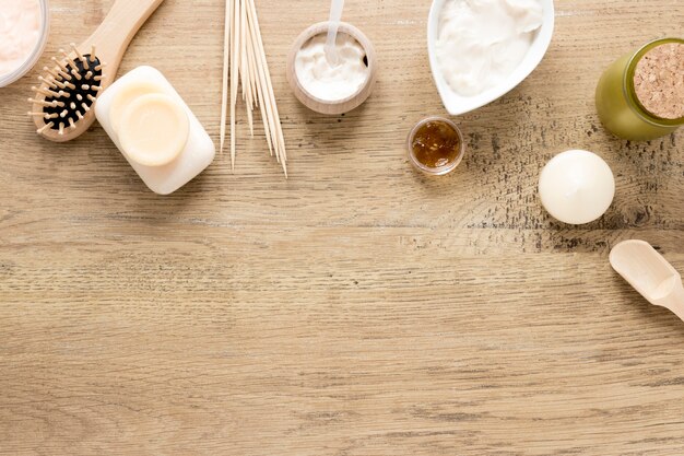 Natural cosmetics concept on wooden table