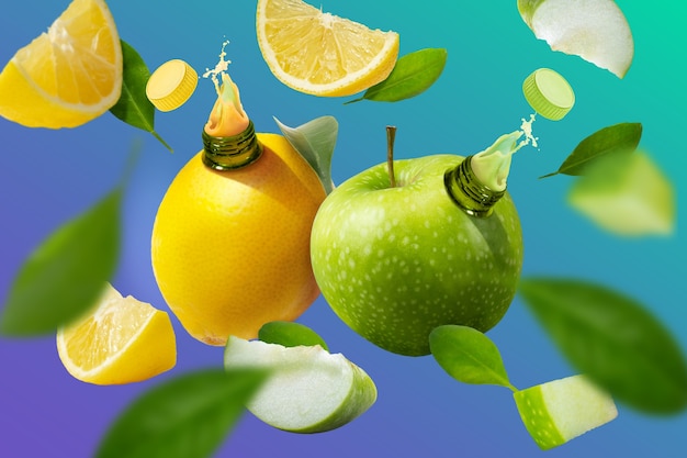 Free photo natural lemon and apple juice and leaves assortment