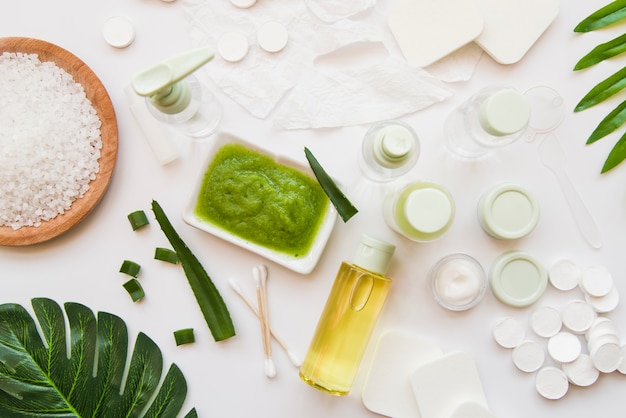 Natural spa products made with aloevera on white background