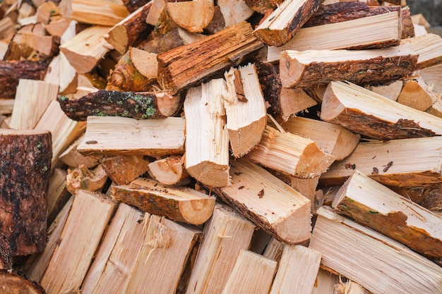 Natural wooden background closeup of chopped pine firewood stacked in a pile prepared for winter