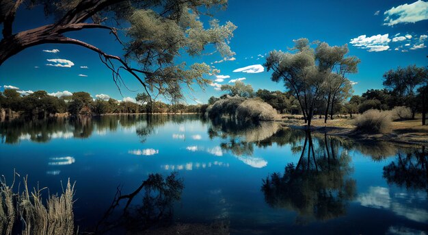 Nature beauty reflected in calming blue waters generated by AI