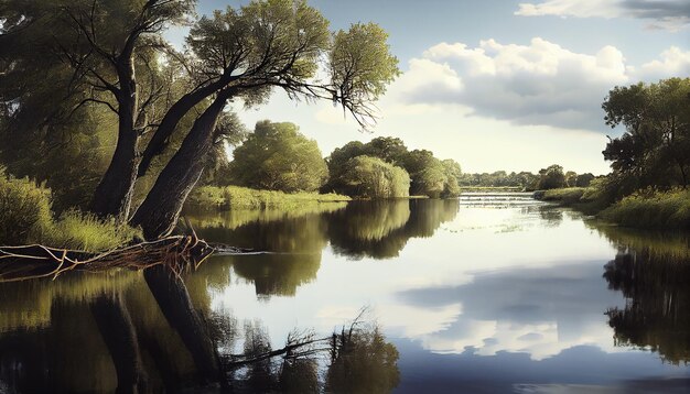 Nature beauty reflected in tranquil forest pond generated by AI