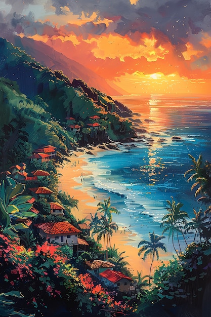 Free photo nature landscape of hawaii with digital art style