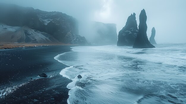 Nature landscape with black sand on beach