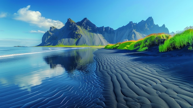 Nature landscape with black sand on beach