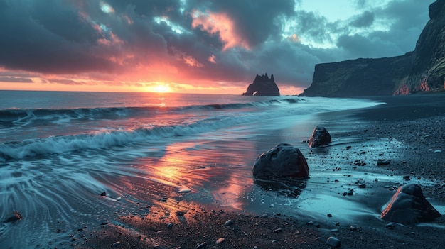 Nature landscape with black sand on beach