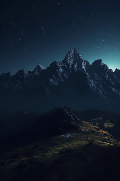 Nature landscape with mountains and starry night sky