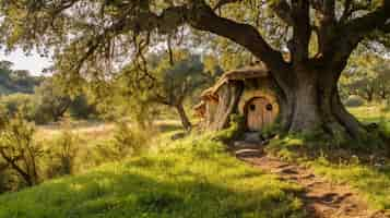 Free photo nature landscape with vegetation and hut style house