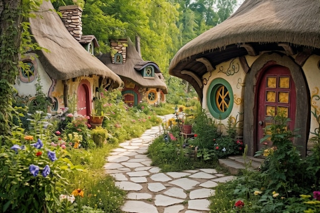 Nature landscape with vegetation and hut style house