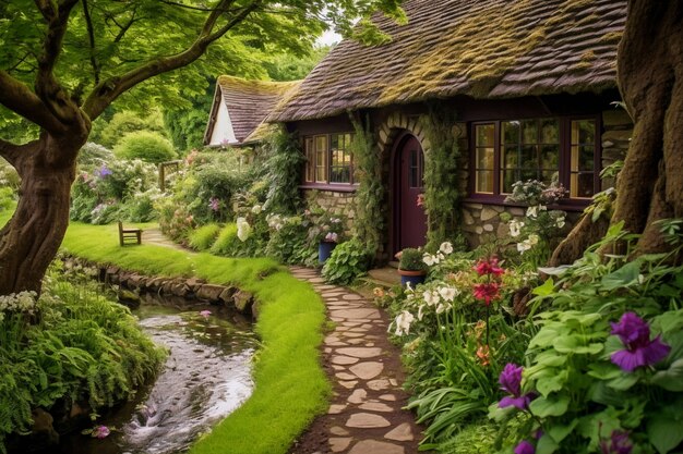 Nature landscape with vegetation and hut style house