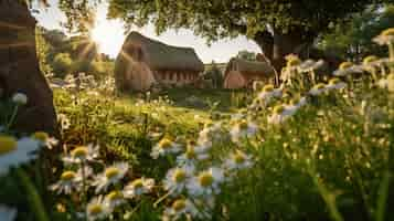 Free photo nature landscape with vegetation and hut style house