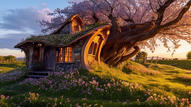 Nature landscape with vegetation and hut style house