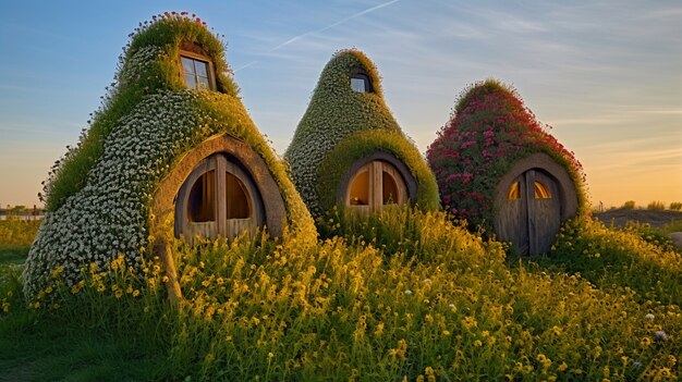 Nature landscape with vegetation and hut style house