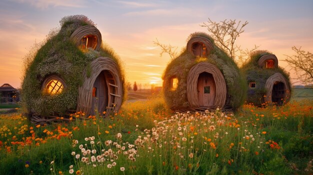 Nature landscape with vegetation and hut style house