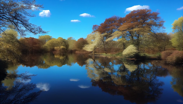 Free Photo nature tranquility and beauty shine yellow leaves green trees generated by ai