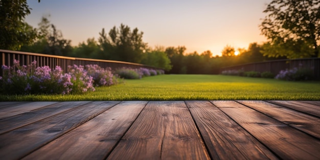 Free photo a neatly manicured lawn stretches to a modern wooden barrier casting soft shadows in the warm glow of a peaceful sunset