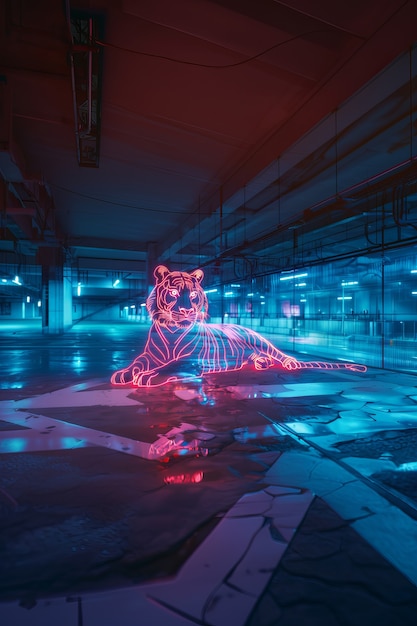 Free photo neon hologram of tiger