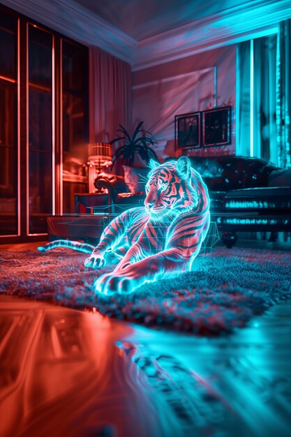 Neon hologram of tiger