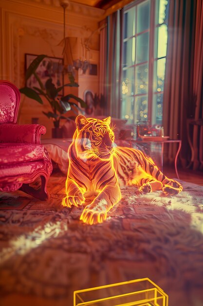 Neon hologram of tiger