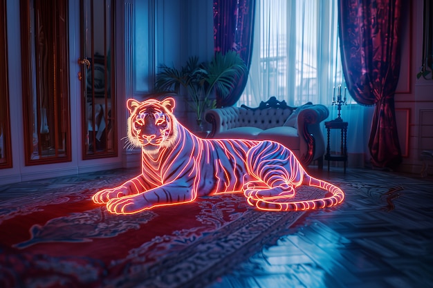 Neon hologram of tiger