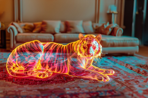 Neon hologram of tiger