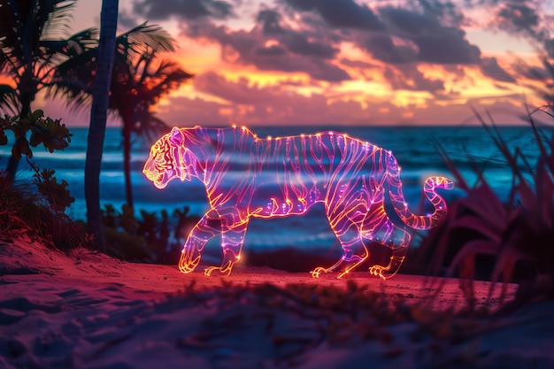 Neon hologram of tiger