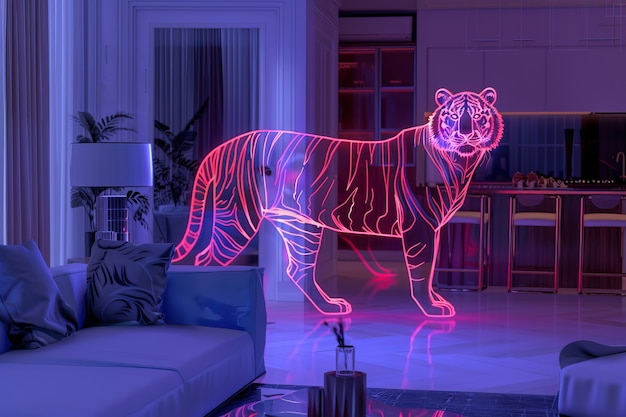 Neon hologram of tiger