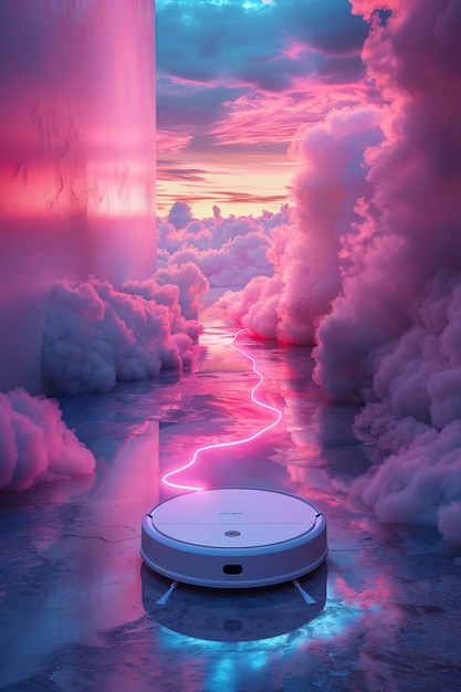 Free photo neon robot vacuum cleaner