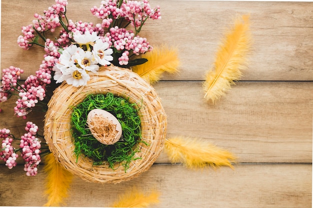 Free photo nest near flowers and feathers