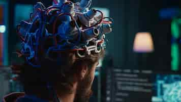 Free photo neuroscientist uploads brain into cyberspace gaining digital persona close up