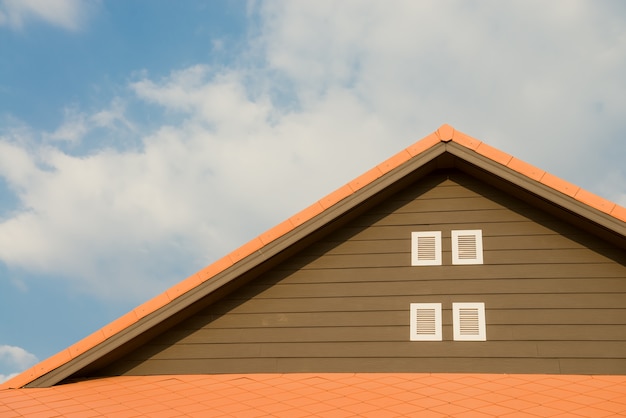 New brick house with modular chimney, Stone Coated Metal Roof Tile, plastic windows and rain gutter