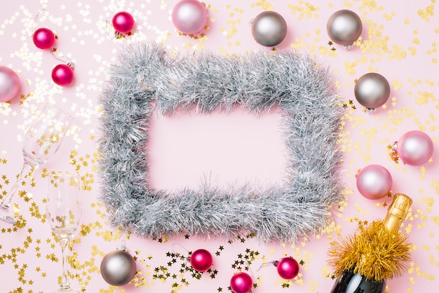 New Year composition of frame from grey tinsel 