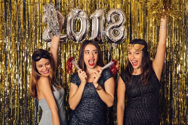 New year party with young girls dancing