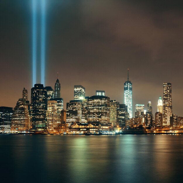 New York City downtown and september 11 tribute at night