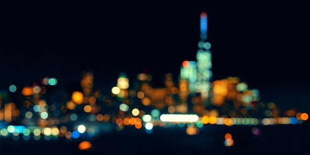 New York City downtown skyline out of focus bokeh panorama at night