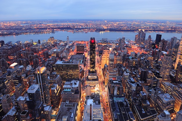 New York City Manhattan skyline aerial view at dusk