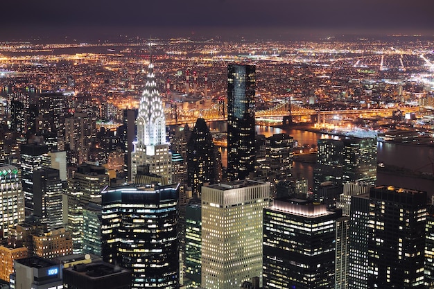 New York City Manhattan skyline aerial view at dusk